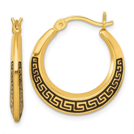 Sterling Silver Polished & Black Enameled Greek Key Hollow Hoop Earrings