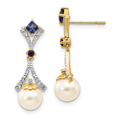 14k Yellow Gold 7-8mm FWC Pearl Created Sapphire Diamond Dangle Earrings