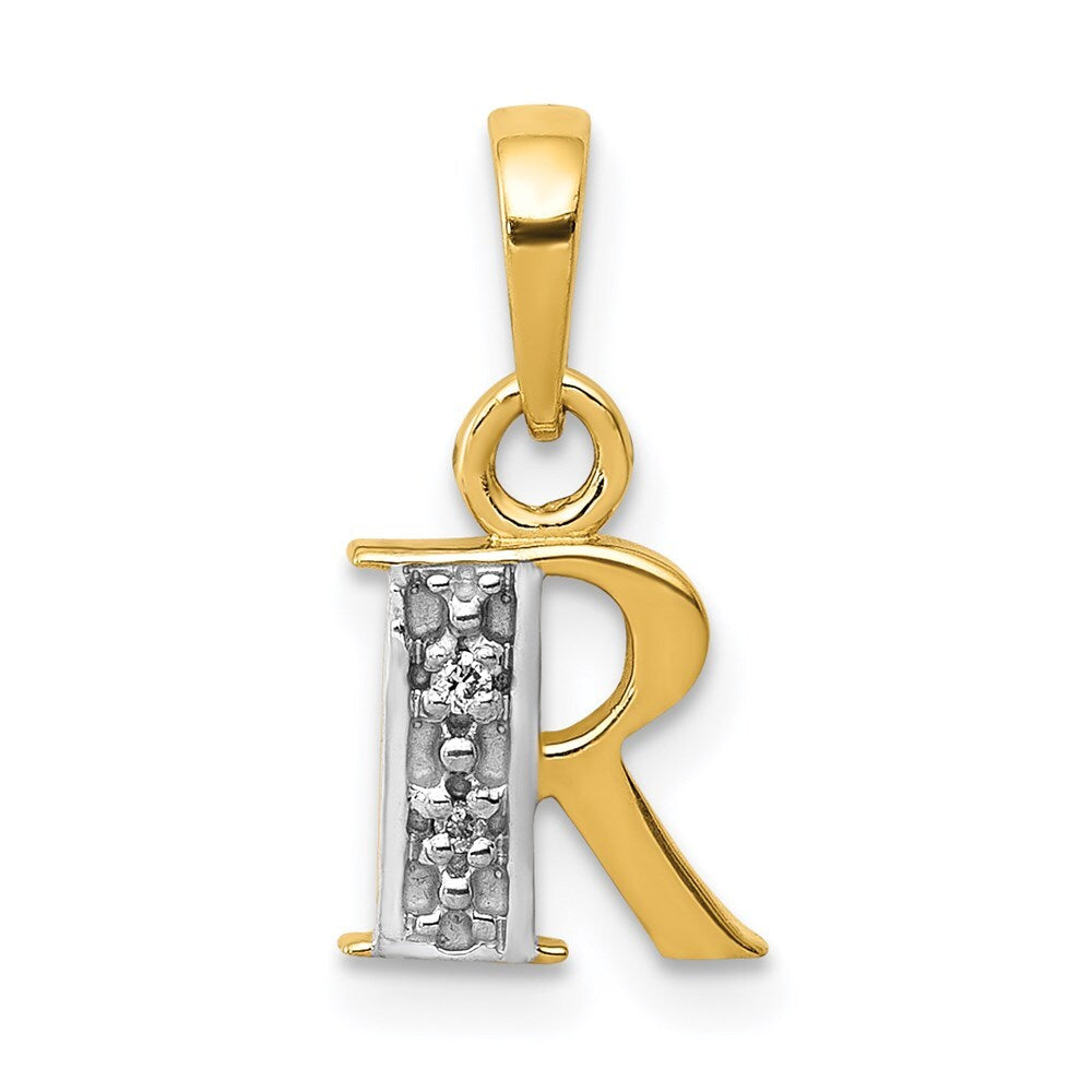 14k Yellow Gold with Rhodium Diamond Letter R Initial Pendant for Women