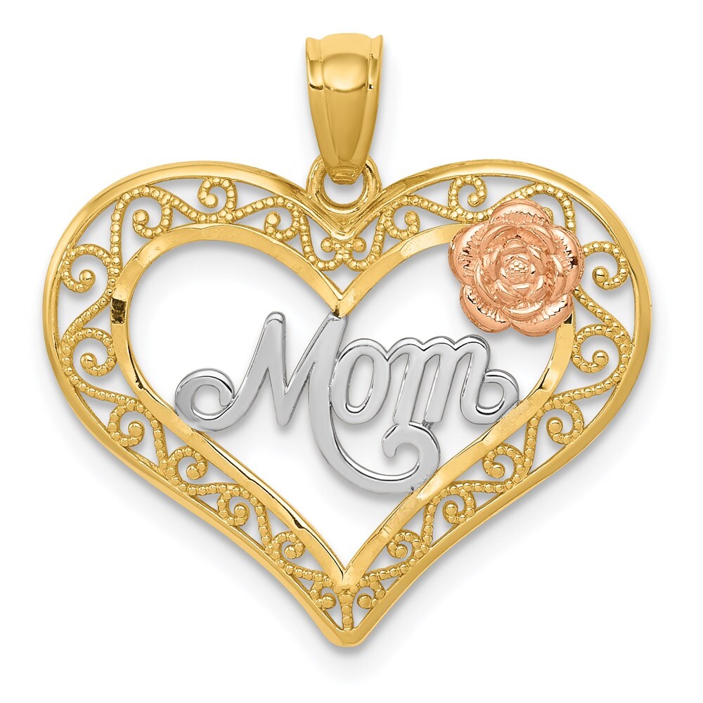 14k Two-tone Gold White Rhodium Diamond-Cut MOM in Heart Rose Pendant