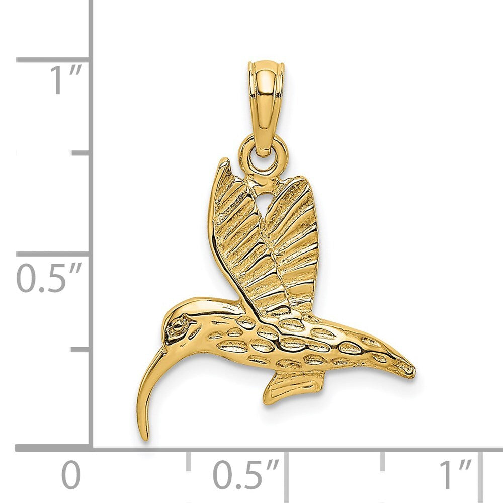14k Yellow Gold Textured Hummingbird Flying Charm Pendant for Women