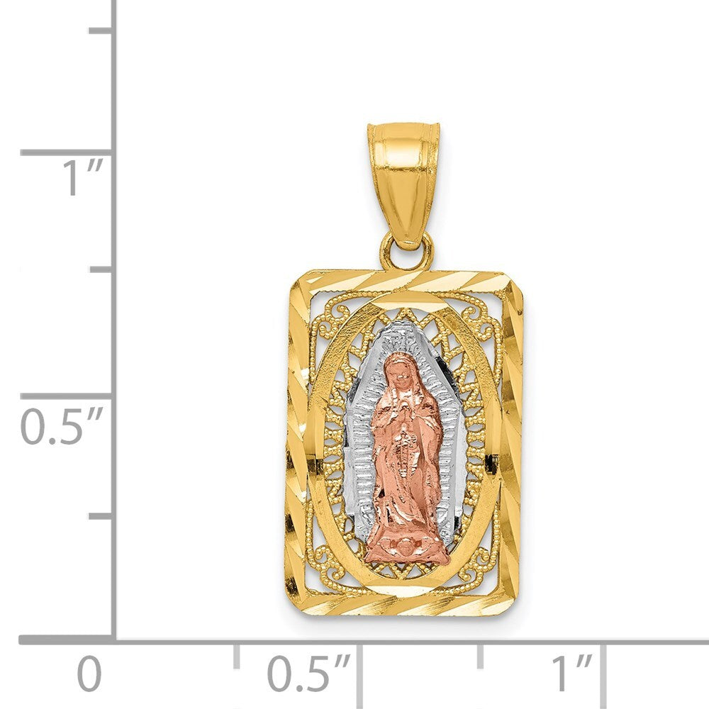 14k Two-tone Gold White Rhodium Diamond-Cut Lady of Guadalupe Pendant