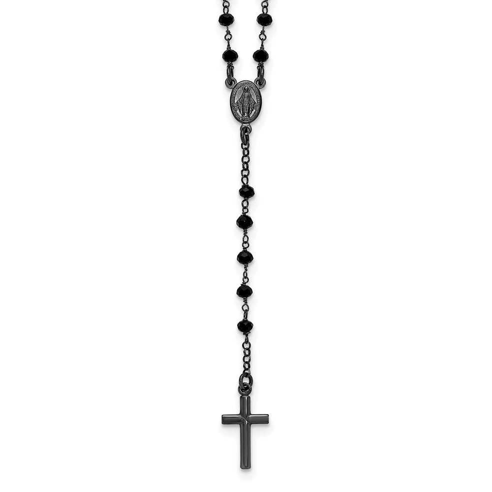 Sterling Silver Black Rhodium-plated Crystal Rosary Necklace 18.5" with 0.5" ext
