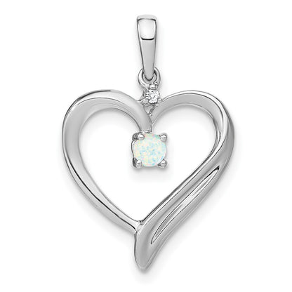 14k White Gold Created Opal and Diamond Heart Pendant for Women