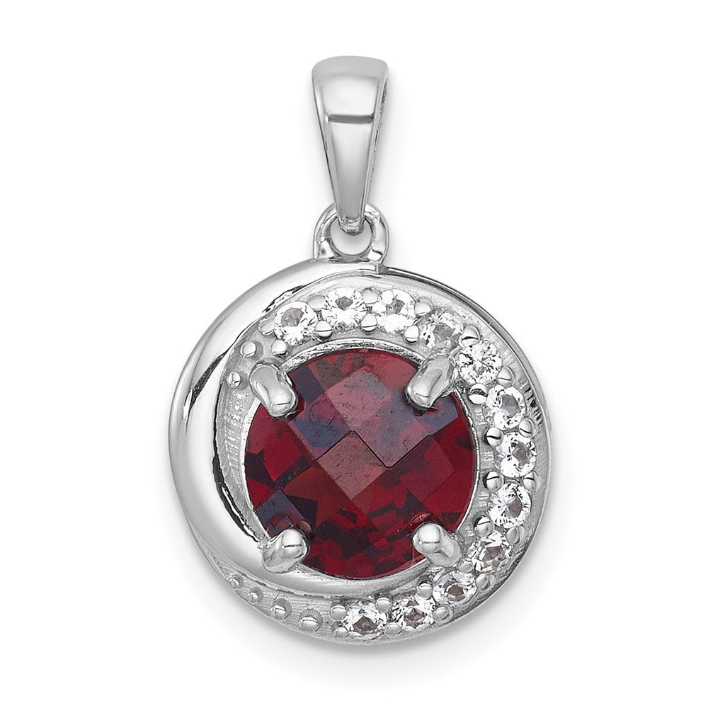 Sterling Silver Checker-cut Round Garnet and White Topaz Circle Pendant