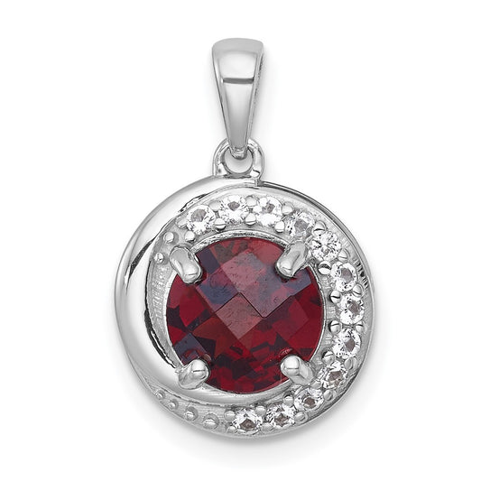 Sterling Silver Checker-cut Round Garnet and White Topaz Circle Pendant