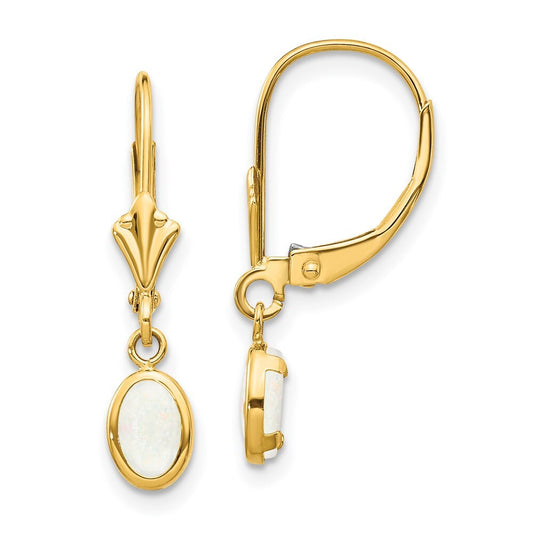 14k Yellow Gold 6x4 Oval Bezel October/Opal Dangle Earrings Leverback