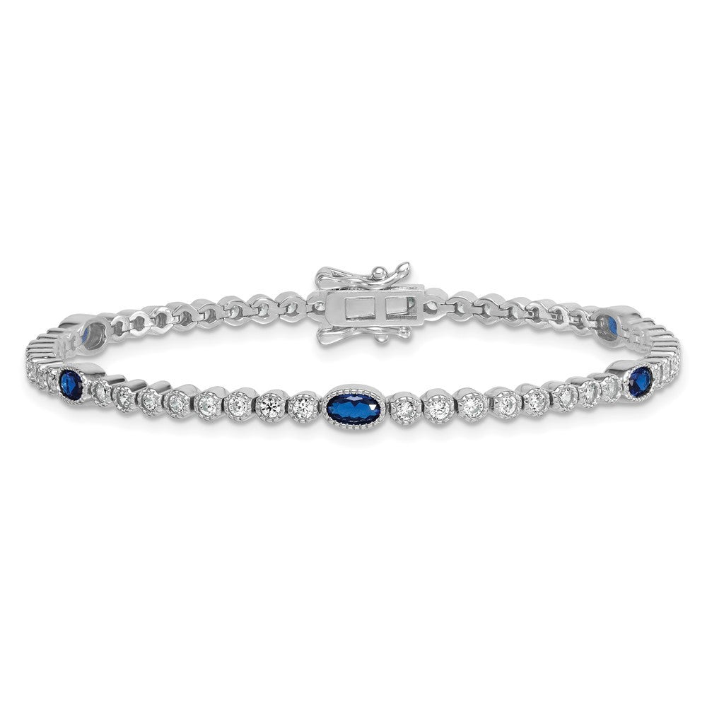 Sterling Silver and Beaded Fancy Oval Blue and Round White CZ 7" Bracelet