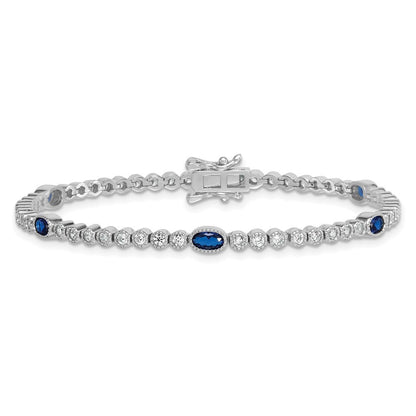 Sterling Silver and Beaded Fancy Oval Blue and Round White CZ 7" Bracelet
