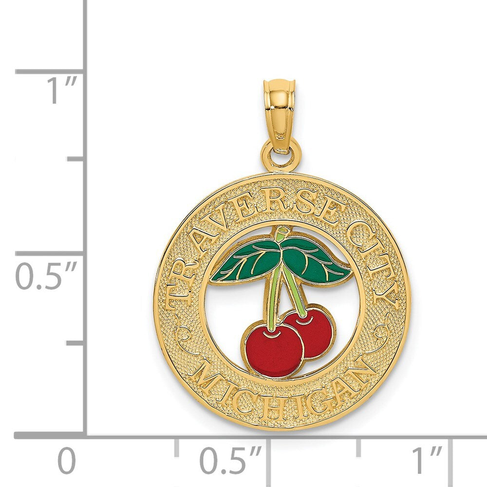 14k Yellow Gold TRAVERSE CITY MI Enamel Cherry Charm Pendant for Women