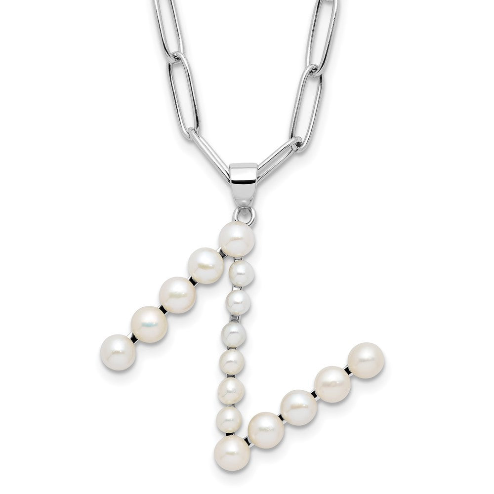 Sterling Silver 3-5.5mm White Button Cultured Pearl LETTER N Necklace 18"