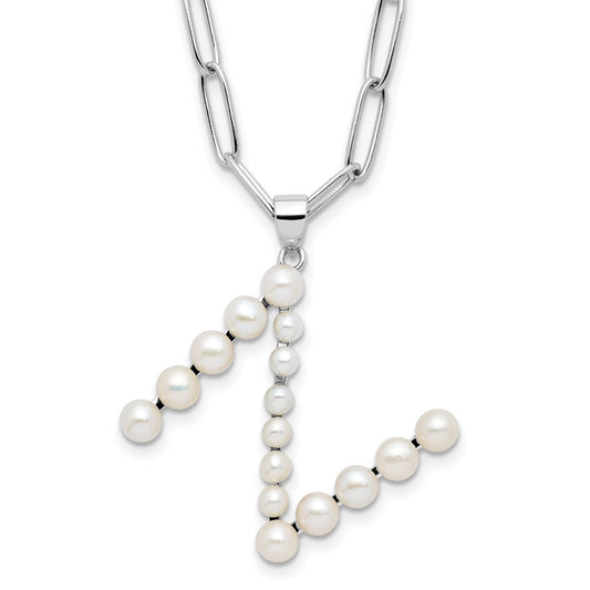 Sterling Silver 3-5.5mm White Button Cultured Pearl LETTER N Necklace 18"