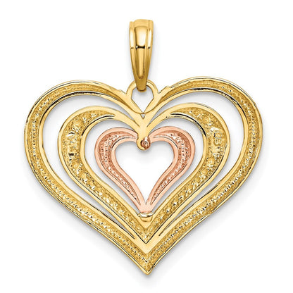 14k Two-tone Gold White Rhodium Textured Polished Triple Hearts Charm Pendant