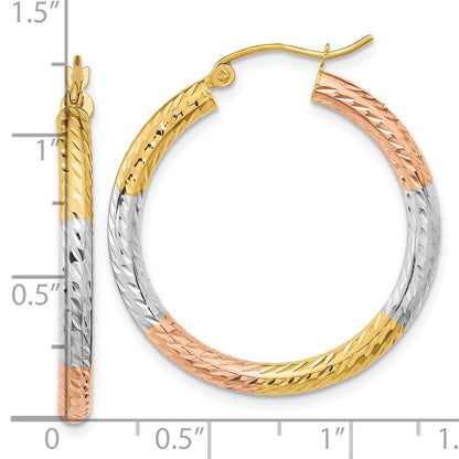 14k Yellow Gold w/White and Rose Rhodium Polished Diamond-cut Hoop Earrings