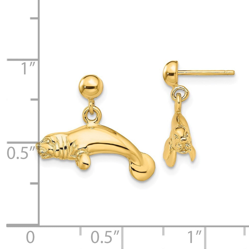 14k Yellow Gold 3-D Polished Manatee Dangle Earrings