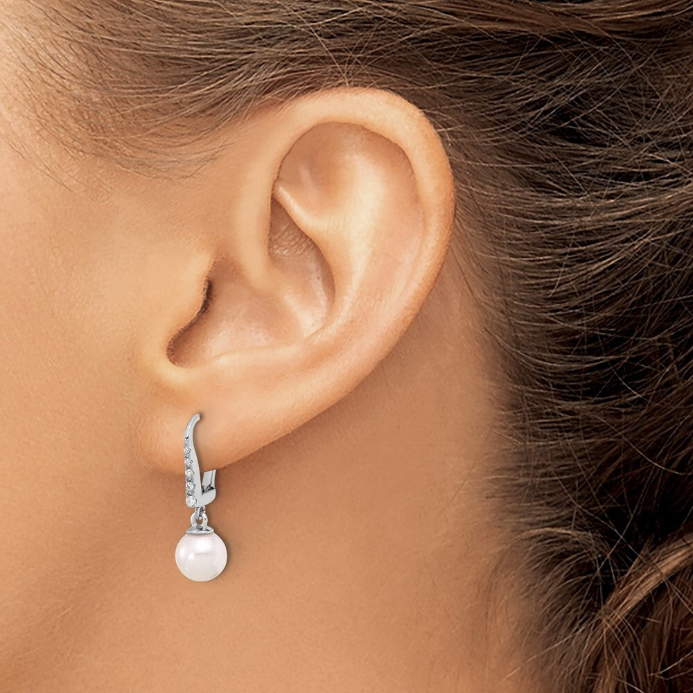 14k White Gold 6-7mm Akoya Saltwater Cultured Pearl & Diamond Dangle Earrings