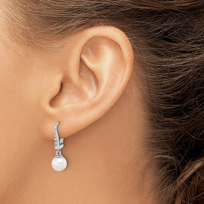 14k White Gold 6-7mm Akoya Saltwater Cultured Pearl & Diamond Dangle Earrings