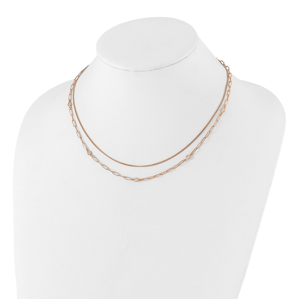 Sterling Silver Rose Gold-plated CZ 2 Strand 17in w/2in ext. Necklace