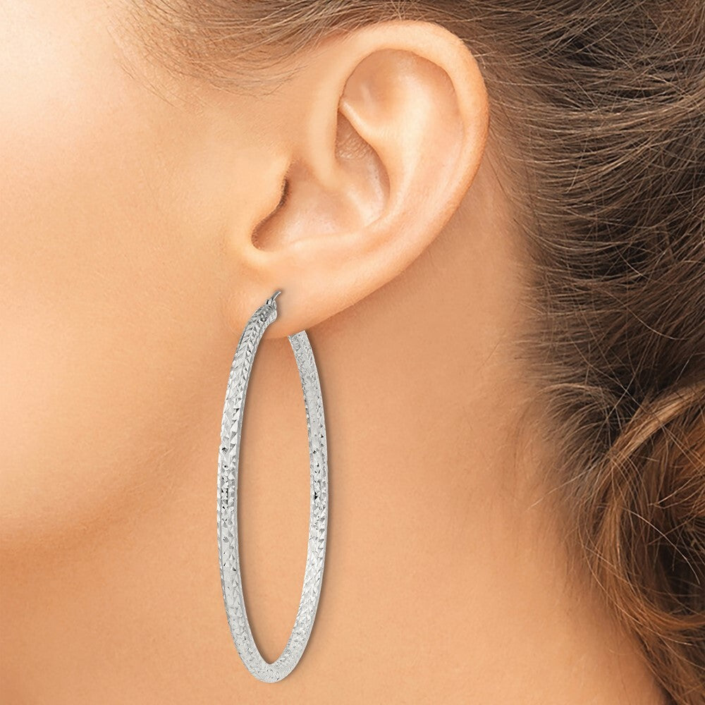 Sterling Silver Diamond-cut 3x60mm Hoop Earrings