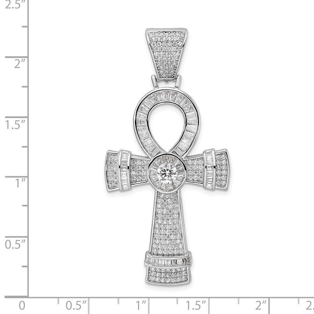 Sterling Silver Rhodium-plated Polished Cubic Zirconia Ankh Cross Pendant