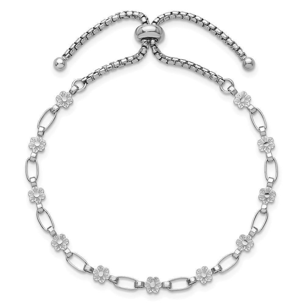 Sterling Silver Flower and Rectangle Link Adjustable Bolo Bracelet