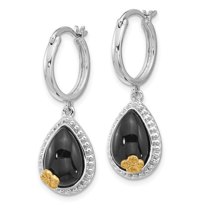 Sterling Silver 14k Gold Accent Black Onyx Beaded Teardrop Dangle Hoop Earrings