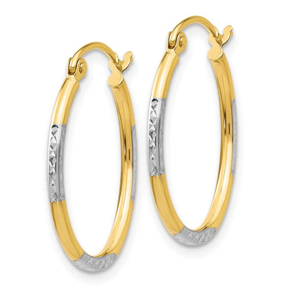 14k Yellow Gold White Rhodium Diamond Cut Oval Hoop Earrings Gift for Women