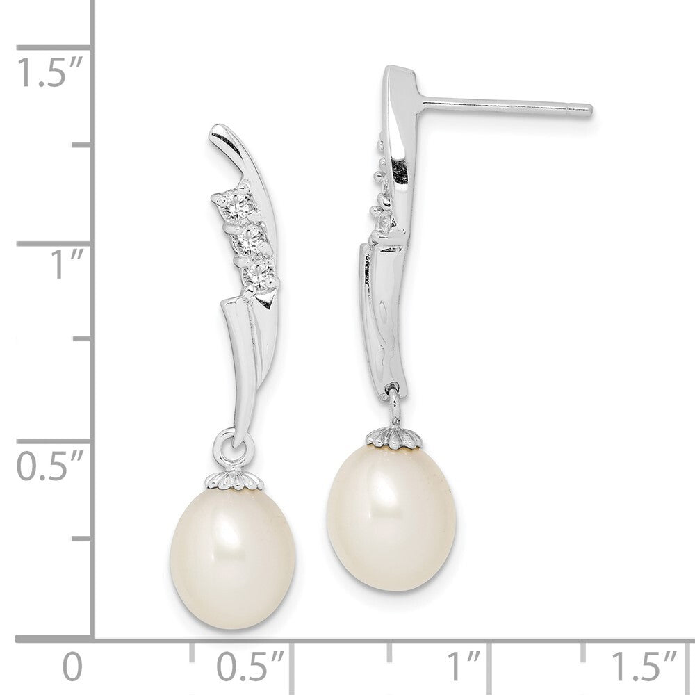 Sterling Silver 7-8mm Rice Cultured Pearl & Cubic Zirconia Post Dangle Earrings