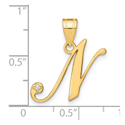 14k Yellow Gold Script Letter N Initial Pendant with Diamond for Women
