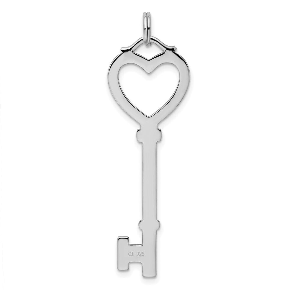 Sterling Silver Rhodium-plated Open Heart Top Large Key Pendant