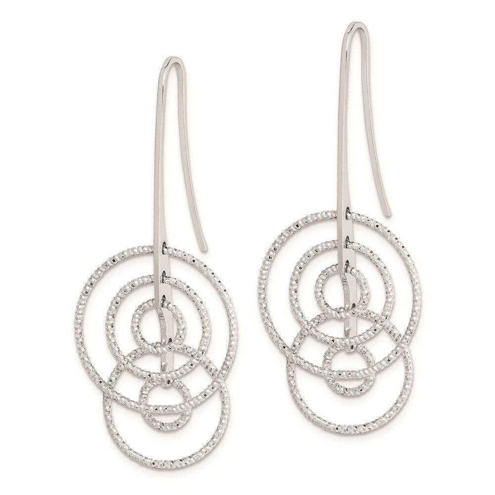 Sterling Silver Rhodium Plated Diamond-cut Circles Dangle Earrings