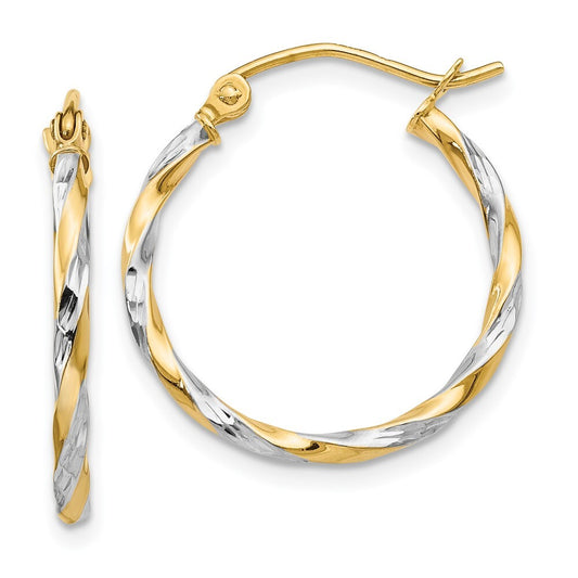14k Yellow Gold & Rhodium Hollow Twisted Hoop Earrings Gift for Women