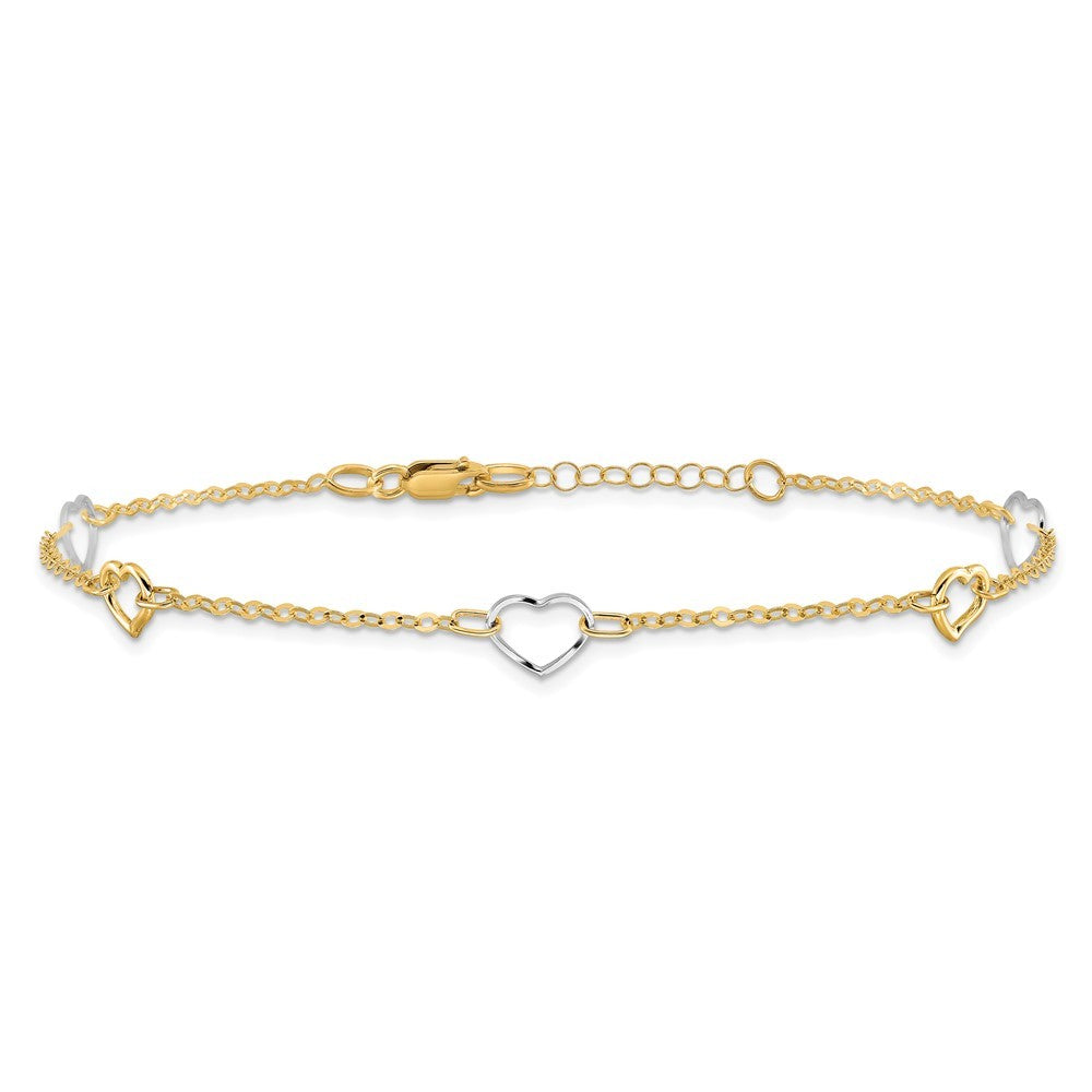 14K Two-tone Polished Open Hearts 5-Station 10" Anklet