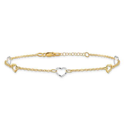 14K Two-tone Polished Open Hearts 5-Station 10" Anklet