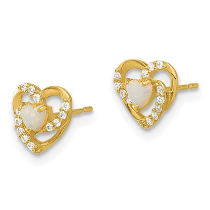 14k Yellow Gold Polished Created Opal and Cubic Zirconia Heart Stud Earrings