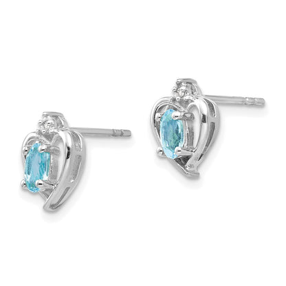 14k White Gold Blue Topaz and Diamond Heart Stud Earrings Gift for Women