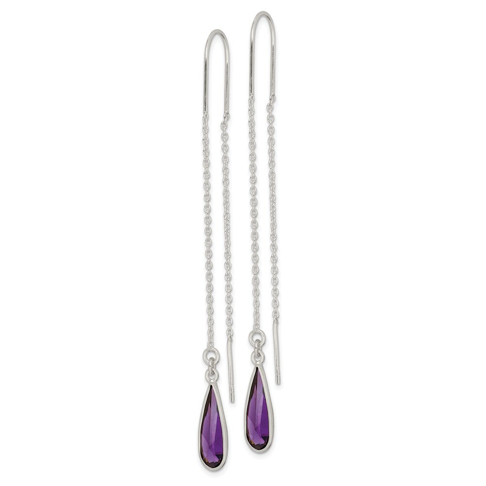 Sterling Silver Polished Purple Cubic Zirconia Teardrop Threader Earrings