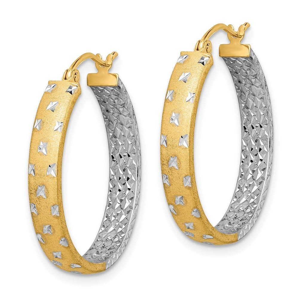 14k Yellow Gold White Rhodium Polished Satin Diamond-cut In/Out Hoop Earrings