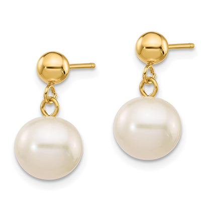 14k Yellow Gold 8-8.5mm White Round Freshwater Cultured Pearl Dangle Earrings