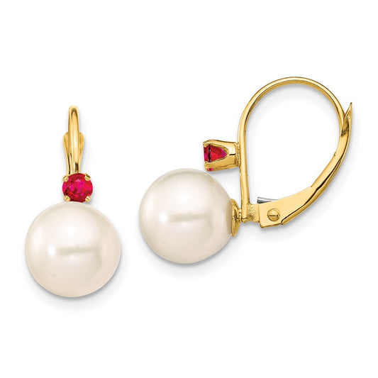 14k Yellow Gold 8-8.5mm Cultured Pearl & Ruby Leverback Earrings for Women