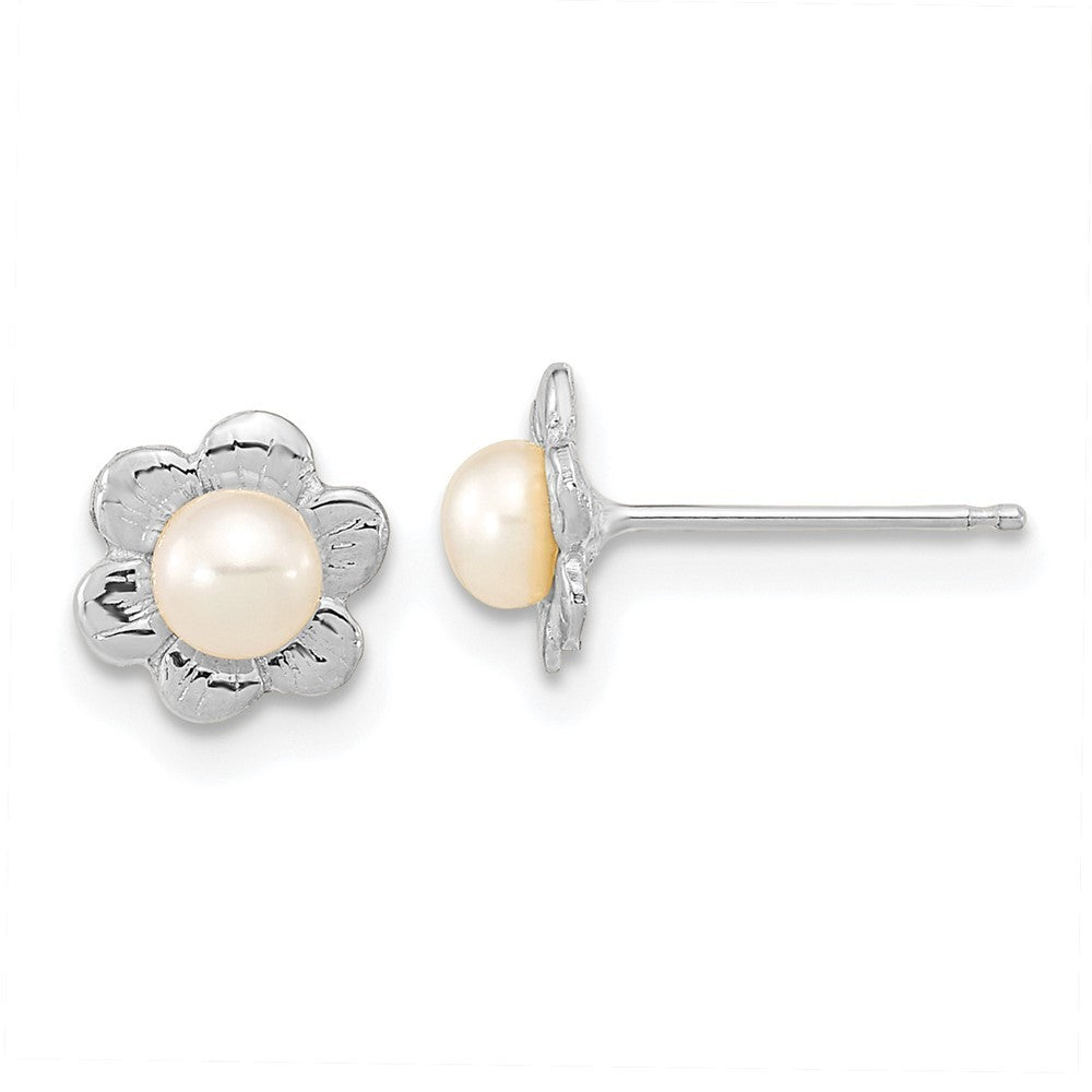 14k White Gold 3-4mm White Button Freshwater Cultured Pearl Flower Earrings