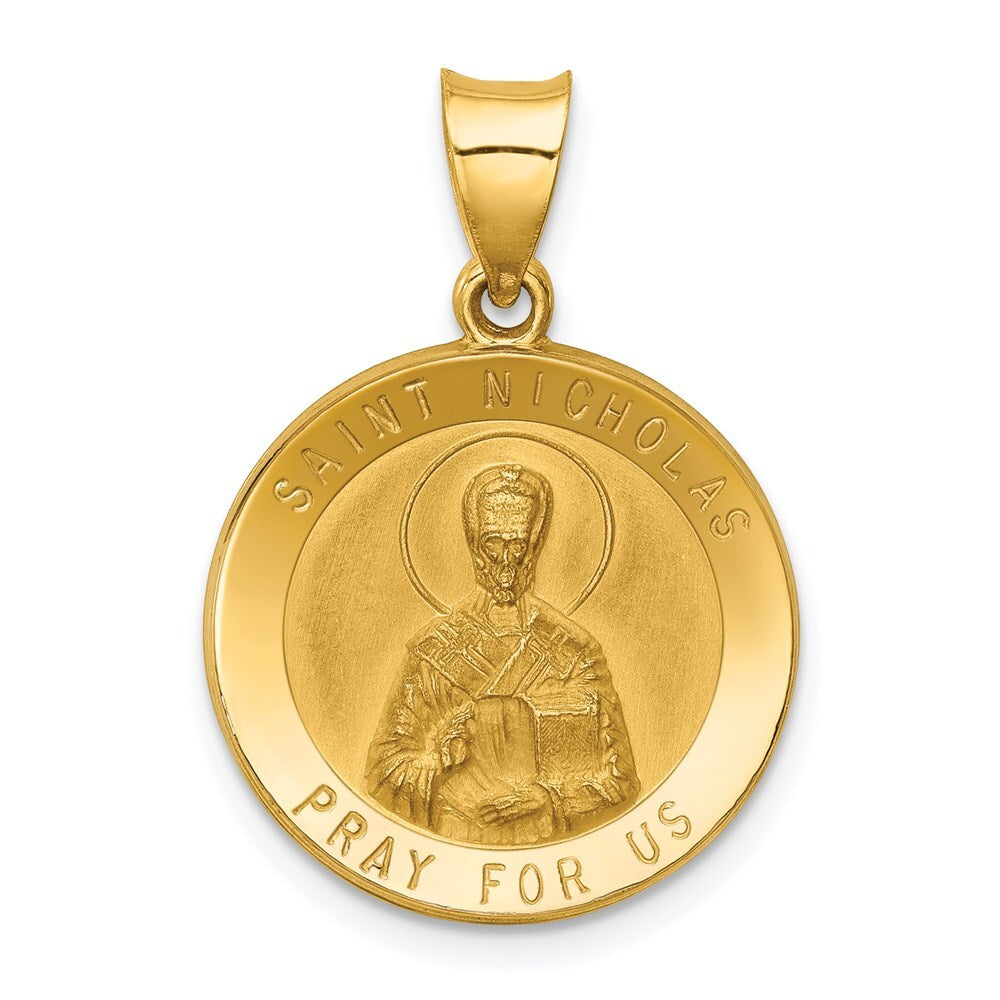 14k Yellow Gold Polished and Satin St Nicholas Medal Hollow Pendant for Women