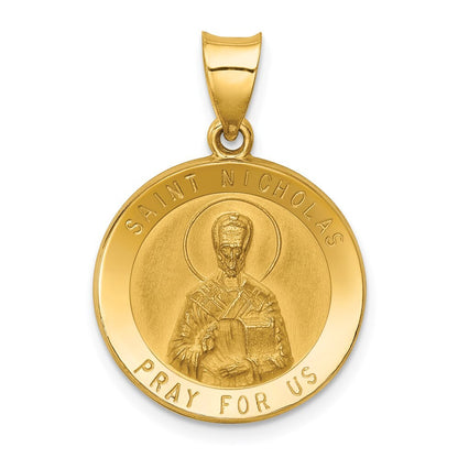 14k Yellow Gold Polished and Satin St Nicholas Medal Hollow Pendant for Women
