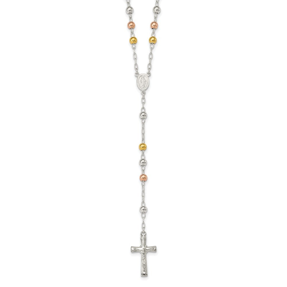 Sterling Silver Polished Rosary Tri-color Beads Necklace