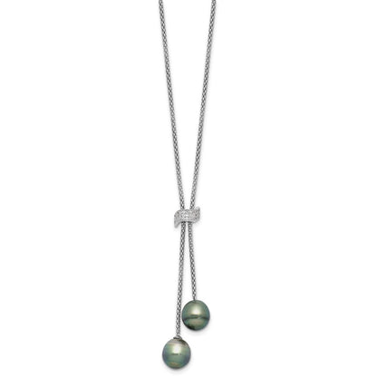 Sterling Silver Black Teardrop Tahitian Cultured Pearl & CZ Dangle Necklace 18"