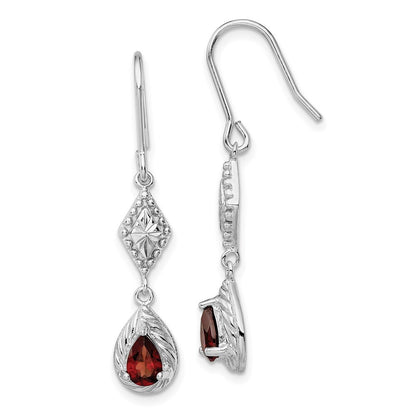 Sterling Silver Diamond-cut Textured Red Cubic Zirconia Teardrop Dangle Earrings