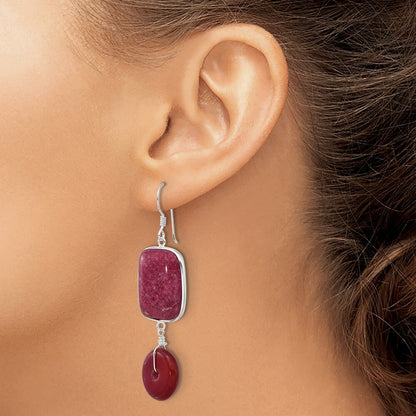 Sterling Silver Polished Carnelian and Red Jade Dangle Earrings