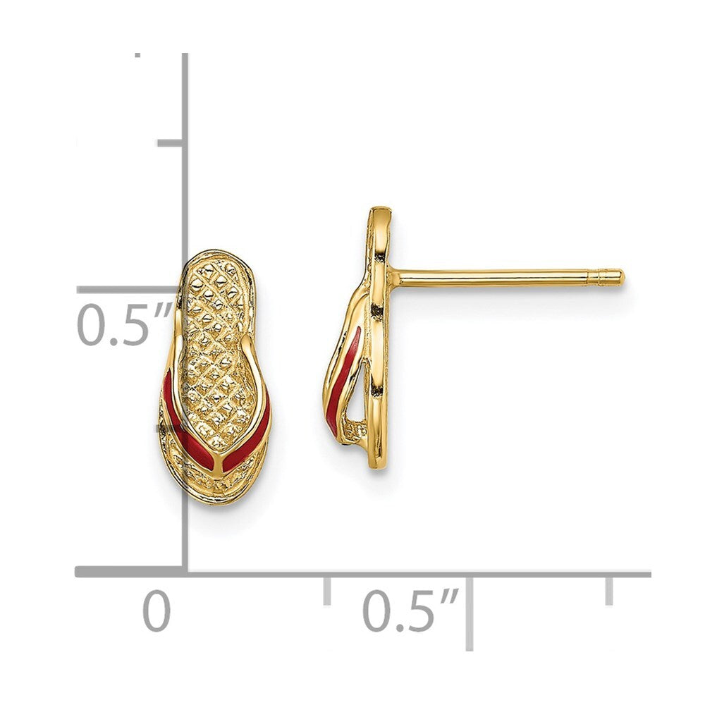 14k Yellow Gold 3D Red Enamel Flip-Flop Stud Earrings Gift for Women
