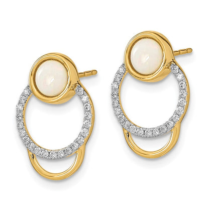 14k Yellow Gold Polished Diamond & Opal Circle Stud Earrings