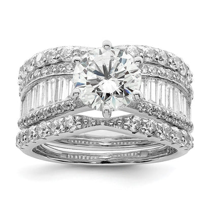 Sterling Silver Polished Rhodium-plated CZ Trio 3 Ring Set Size 8